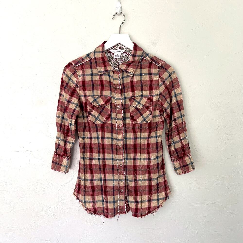 Overdrive Red Tan Plaid Cotton Western Pearl Snap Shirt Raw Hem